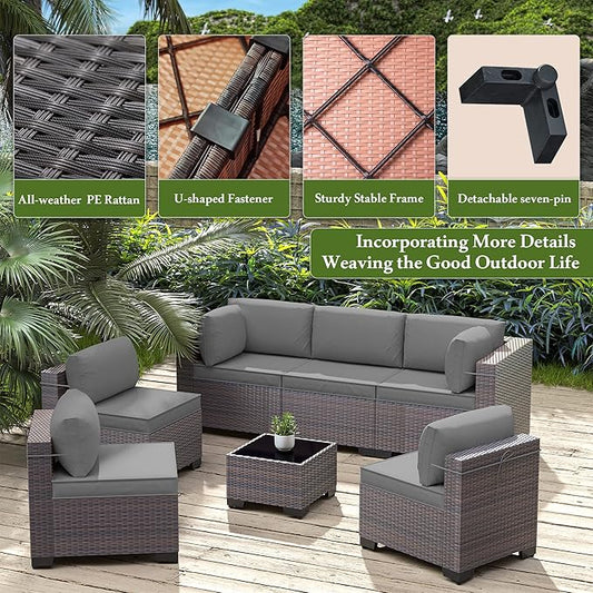 Outdoor Patio Furniture Set, 9 Pieces Outdoor Furniture All Weather Patio Sectional Sofa PE Wicker Modular Conversation Sets with Coffee Table,8 Chairs & Seat Clips(Grey)