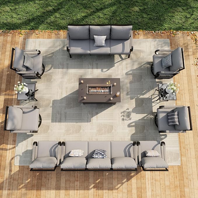 11 Pieces Patio Conversation Sets, All Weather Metal Outdoor Furniture Set, 2 Three-Seater, 4 Swivel Rockers, 2 Single Chairs, 2 Side Tables, 1 Fire Pit Table for Backyard Deck Porch Poolside, Gray