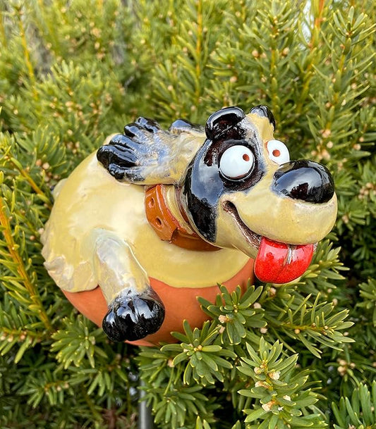 Ceramic Garden Decor - Dog Lawn stake - Outdoor statue - Perfect, unique gifts for gardeners woman, men, yard gifts - Handmade, Frostproof