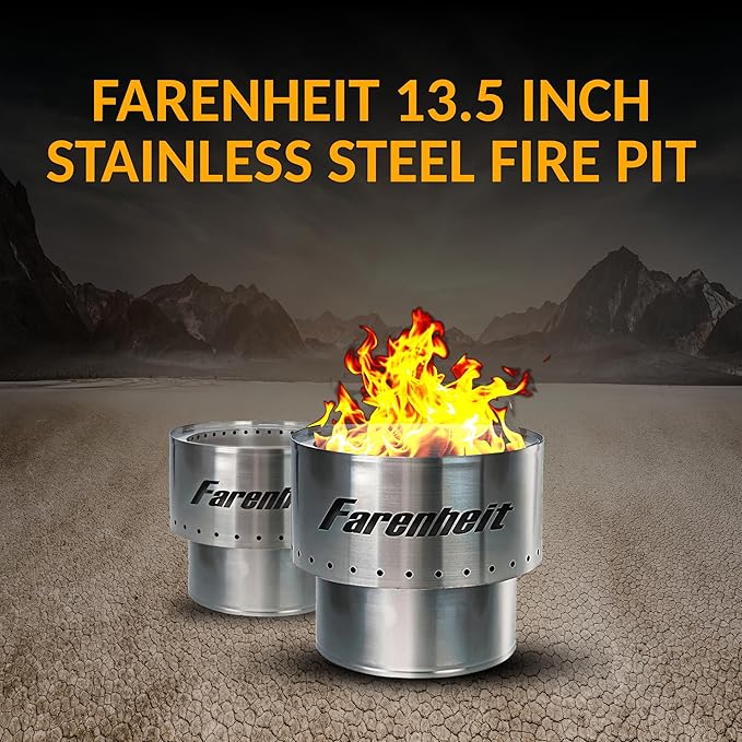Farenheit 13.5" Stainless Steel Smokeless Fire Pit | Portable Outdoor Wood Burning Firepit for Backyard, Camping, Patio & Deck | Compact Low Smoke Design