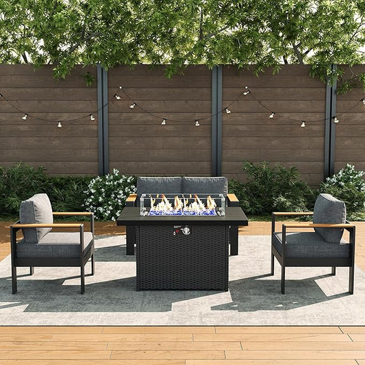LayinSun 4 Piece Aluminum Outdoor Furniture Set with Fire Pit Table, Outside Patio Deep Seating Conversation Set with Upgraded Washable Thick Cushion