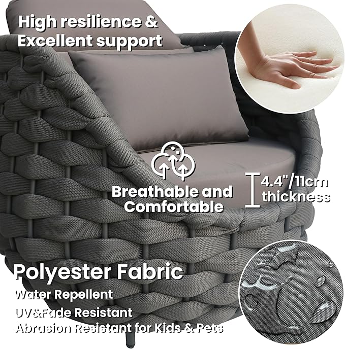 2 Pcs Patio Rope Accent Chair: Aluminum Single Lounge Armchair - Large Woven Chair Cushioned - Modern Arm Chair Assembled for 400lbs Outdoor Lanai Deck Balcony Porch Yard Garden Hotel, Dark Gray