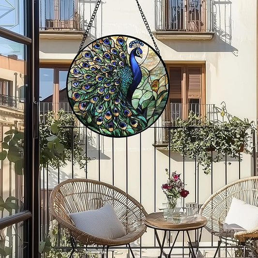 Stained Glass Window Hanging, Blue Green Peacock Decor Suncatcher for Door Garden Home Decoration Bird Sun Catchers Christmas Mother's Day Birthday Gifts for Women Men Mom Nana Friend 9.8 in