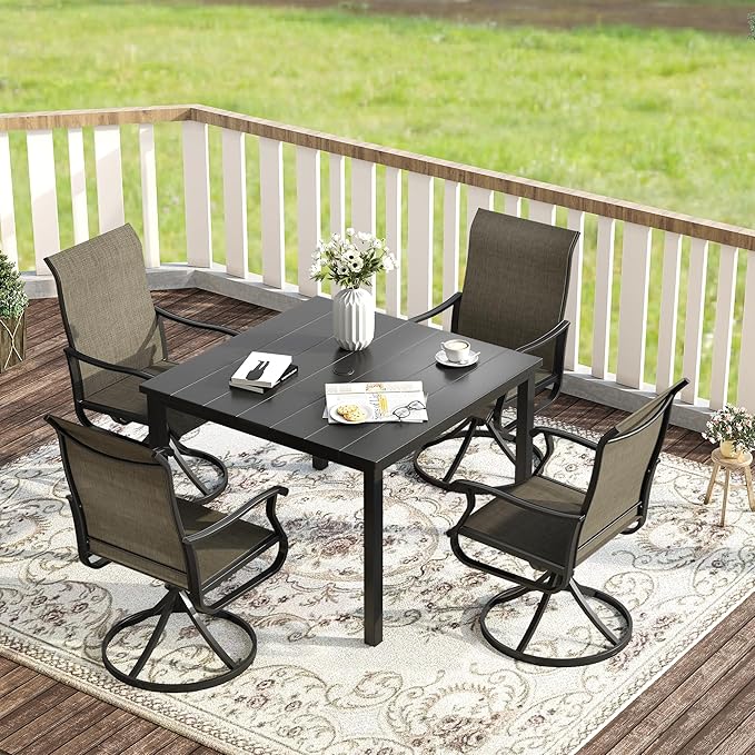 VICLLAX 5 Pieces Patio Dining Set for 4, Outdoor Furniture Set Includes 40.2" Square Outdoor Table and 4 Patio Swivel Chairs for Lawn Garden, Black Tabletop and Mixed Brown Fabric