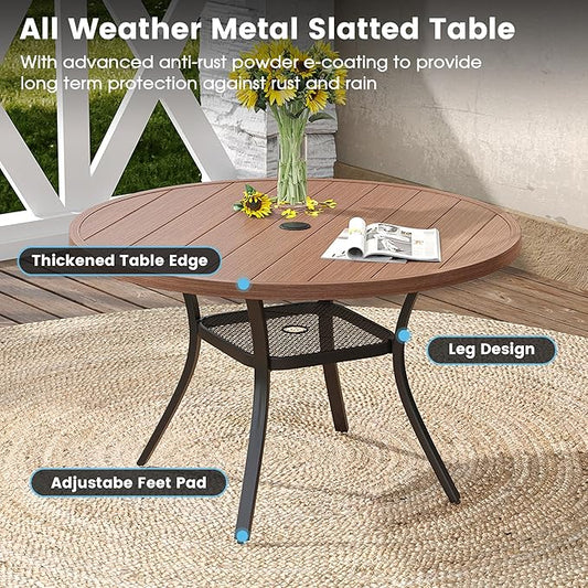 DIFY 5 Pieces Outdoor Patio Dining Set, 4 Brown Textilene Swivel Dining Chairs and 40.6" Walnut Round Dining Table, Metal Outdoor Table and Chairs