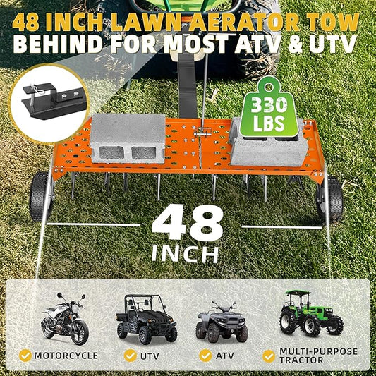 48" Lawn Aerator Tow Behind, Pull Behind Aerator with Universal Hitch, 32 Galvanized Steel Tines, Tray and Pneumatic Tires, Plug Behind Aerator is Suitable for Gardens, Lawns and Farms