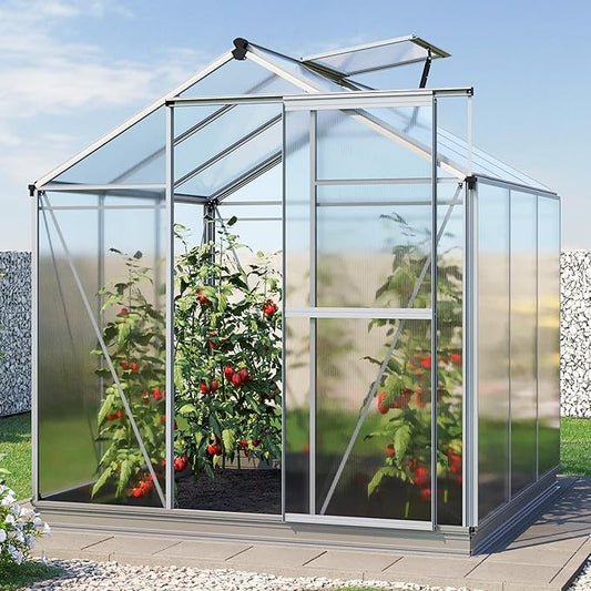Greenhouse Jasmin 3 Aluminum Frame - 6.3 x 6.3 ft Approx. 6 mm Polycarbonate Panels - Bonus Base Frame and Automatic Vent Opener