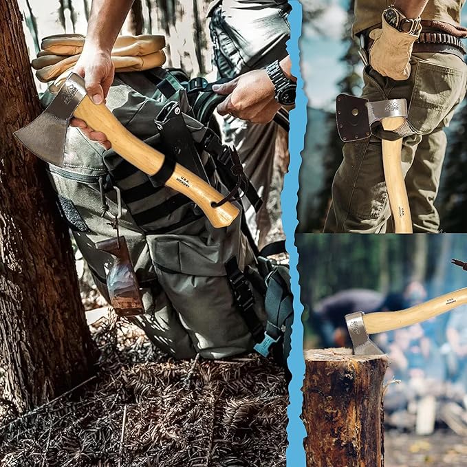 Prandi Axes German Style C45 Forged Carbon Steel Hatchet - Hickory Handle with Leather String - Lightweight Axe for Camping, Chopping, and Cutting - S/N 3.003.06.CH - 14.17" L x 5.90" W, No Sheath