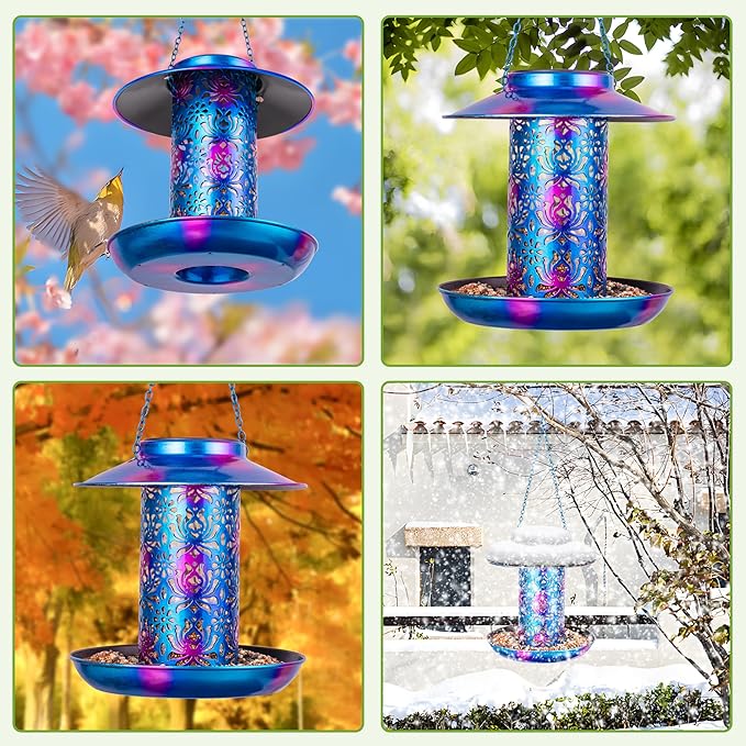 XDW-GIFTS Bird Feeder for Outdoors Solar Hanging Bird Feeder Bird House with Cardinal Feeder Large Capacity Metal Wild Bird Feeder for Garden Decor Unique Gifts & Patio Decor (Blue, 8 INCH)