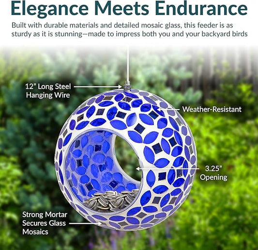 Sunnydaze 6-Inch Glass Mosaic Hanging Bird Feeder for Outdoors - Fly-Through Wild Bird Feeder - Lavender Mosaic