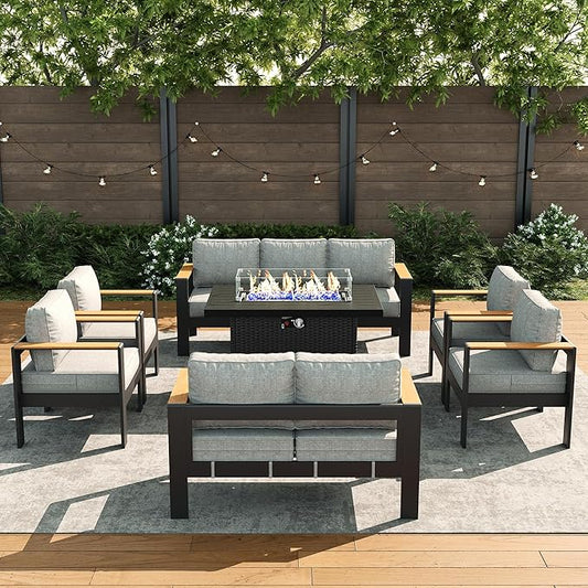 LayinSun 7 Piece Aluminum Outdoor Furniture Set with Fire Pit Table, Outside Patio Deep Seating Conversation Set with Upgraded Washable Thick Cushion