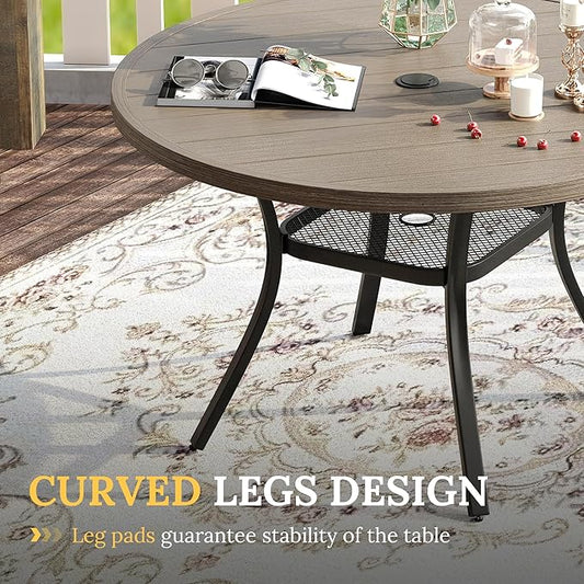 VICLLAX Patio Dining Set for 4, 5 Pieces Outdoor Furniture Includes 40.6" Round Patio Table with Umbrella Hole and 4 Outdoor Swivel Chairs for Lawn Garden, Grey Wood Grain Tabletop and Grey Fabric
