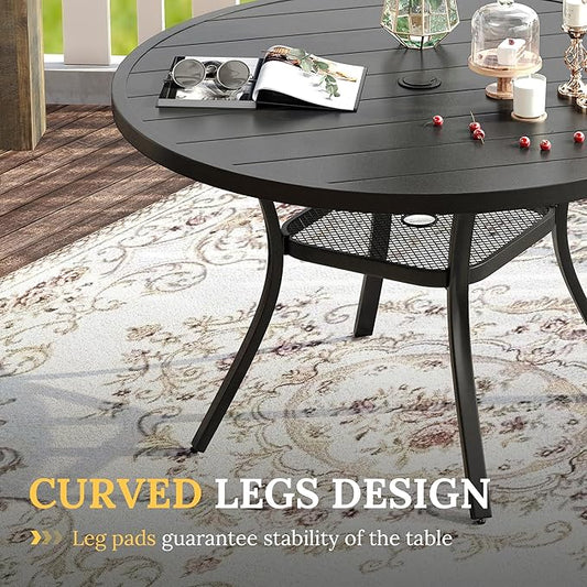 VICLLAX Patio Dining Set for 6, 7 Pieces Outdoor Furniture Includes 47.2" Round Patio Table with Umbrella Hole and 6 Outdoor Swivel Chairs for Lawn Garden, Black Tabletop and Dark Grey Fabric