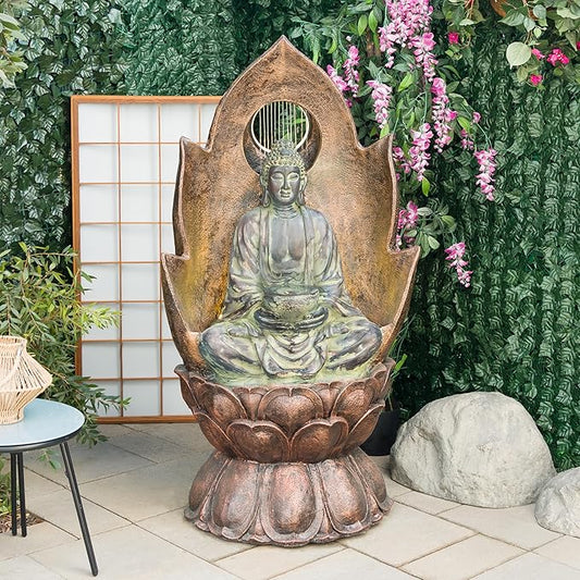 Alpine Corporation TZL420 59" Outdoor Buddha Fountain with LED Lights, Elegant Water Feature for Garden, Patio, Yard & Outdoor Spaces, Realistic Stone Look, Calming Waterfall for Relaxation, Brown