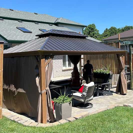 Domi Outdoor Living 12’x16’ Hardtop Gazebo, Wooden Coated Aluminum Frame Canopy with Galvanized Steel Double Roof, Outdoor Permanent Metal Pavilion with Curtains and Netting for Patio, Deck and Lawn