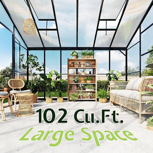 AMERLIFE 12x10x8 FT Hybrid Polycarbonate Greenhouse, Quick-Connect Aluminum Frame, Dual Roof Vents & Double Doors, Walk-in Backyard Greenhouse with Gutters, Black