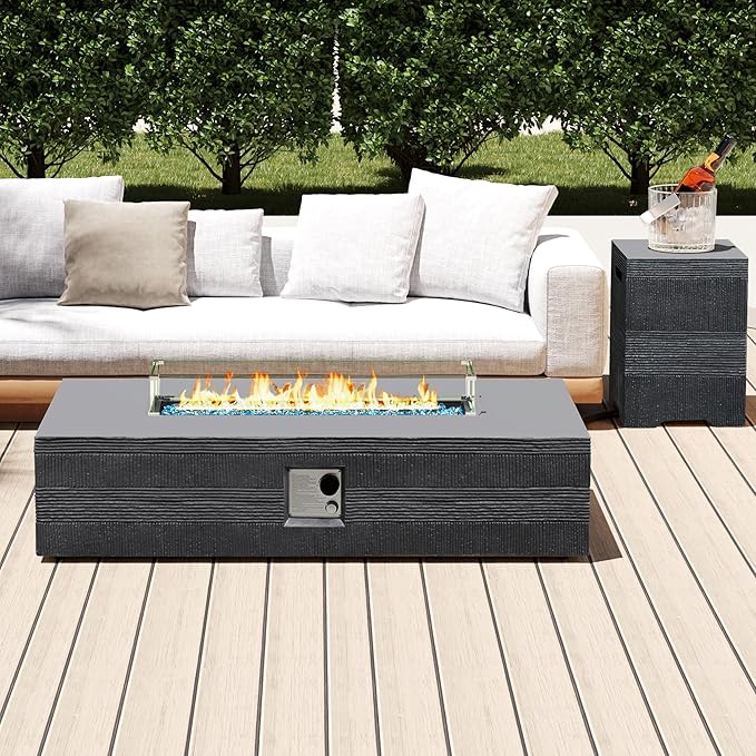 UPHA 56-inch Outdoor Propane Gas Fire Pit Table 50000 BTU Concrete Rectangle FirePit for Outside Patio with Propane Tank Cover, Wind Guad, Navyblue Fire Glass, Rain Cover, Grey Texture
