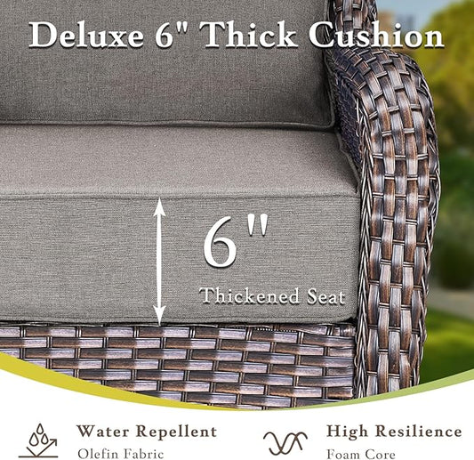 Luxury High Back Outdoor Furniture with 6-inch Extra Thick Cushions, Patio Furniture Set with Swivel Chairs, 8 PCS Wicker Conversation Set for Yard, Deck, Poolside, Brown/Grey