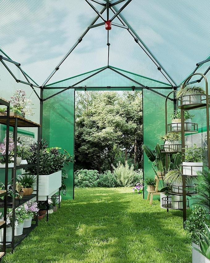 8x12FT Instant Pop-Up Walk-in Greenhouse, Plant Hot House with Galvanized Steel Frame, Green PE Cover, Roll-Up Zipper Door, Portable Large Plant Tent with Ground Pegs & Ropes for Stability