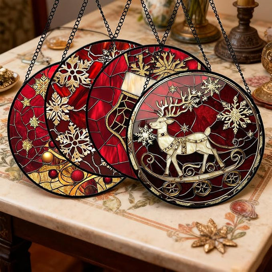 Stained Glass Window Hanging 4 Pcs Set Red Christmas Elk Snowflakes Large 11.8" - Deer Suncatcher Door Garden Sun Catcher Decor Birthday for Mom Woman Nana Men Friend