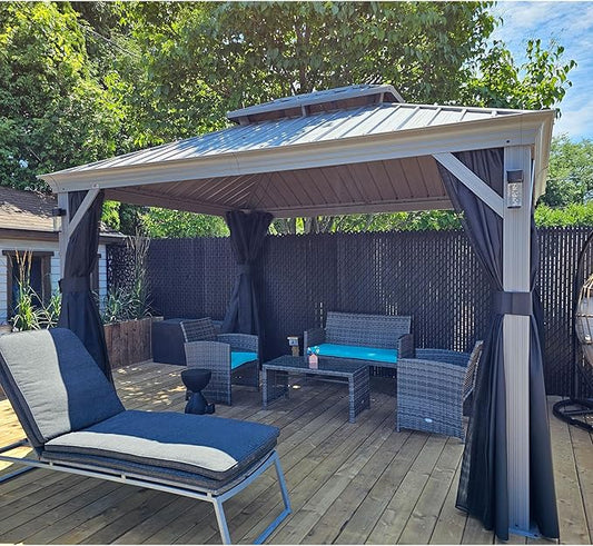 PURPLE LEAF 10' X 12' Outdoor Hardtop Gazebo with Galvanized Steel Double Roof Aluminum Frames Heavy Duty Permanent Pavilion Gazebo for Patio Deck Garden,Netting and Curtains Included, Light Grey