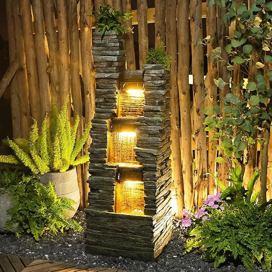 47" H Garden Water Fountain Outdoor with LED Lights & Pump, 3-Tier Cascading Outdoor Fountain for Garden,Patio,Porch,Backyard,Home Art Decor (Gray)