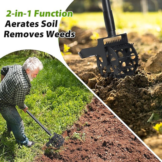 Rotary Cultivator Tool, 2-in-1 Garden Weeder, Crumbler Soil Cultivator Hand Tiller Garden Tool with Sharp Weeding Knife for Soil Mixing, Grass Removal, Lawn Edger, 52 Inch Long