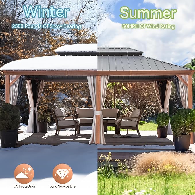 12' X 18' Double-Tier Hardtop Gazebo, Thermal Transfer Faux Wood Metal Gazebo with Galvanized Steel Roof Curtain and Netting, Permanent Gazebo Pavilion for Patio, Backyard, Deck, Lawn
