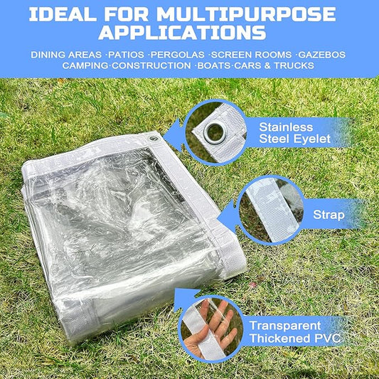Clear Tarp 3 x 3FT, 20 Mil Clear Vinyl Tarp, Small Cover Plastic Sheeting with Grommets, Double-Stitched Reinforced Edges, Heavy Duty Tarps Waterproof and Tearproof