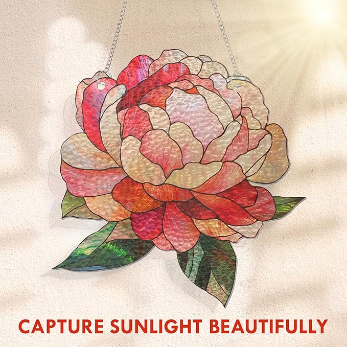 FLAGWIX Christmas Peony Flowers Gifts for Grandma - Stained Glass Window Hanging 8 in - Birthday Gifts for Women Mom, Grandma Gift, Peony Sun Catchers Indoor Window, Suncatchers Christmas Decorations