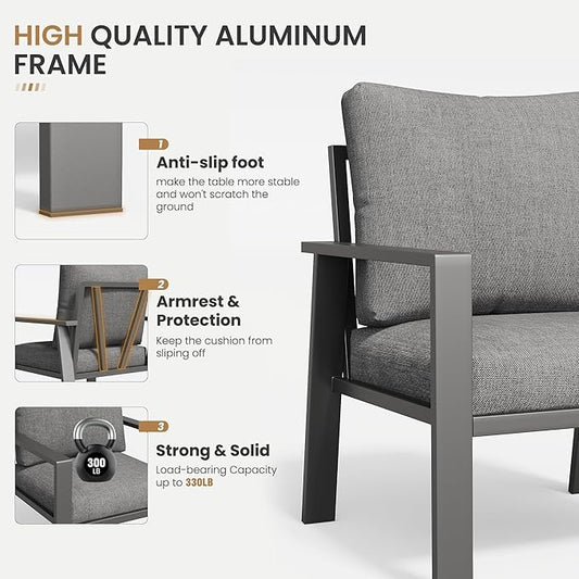 Aluminum Patio Furniture Set with Cushions 3-Piece Outdoor Sectional Metal Conversation Sofa Set with Coffee Table for Garden,Lawn,Backyard,Deck