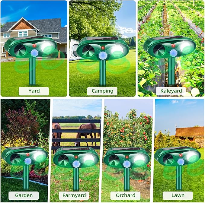 4 Pack Solar Ultrasonic Animal Repellent Outdoor Squirrel Raccoon Fortress Pro,Cat Deer Repellent with Motion Sensor & Strobe Light,Waterproof Dog Rabbit Deterrent for Garden Yard