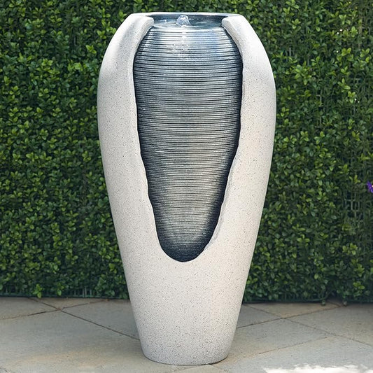 Alpine Corporation - 29" Tall Two Tone Ribbed Jar Floor Fountain with LED Lights – Elegant Indoor/Outdoor Water Feature, Easy Setup with Pump & Plug-in Design (Gray)