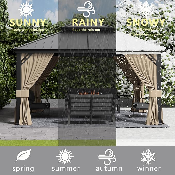 12x14ft Hardtop Gazebo Double Roof, Outdoor Pavilion with 2-Layer Hard top Galvanized Iron Frame Garden Tent, Suitable for courtyards, backyards, Decks, and Grass