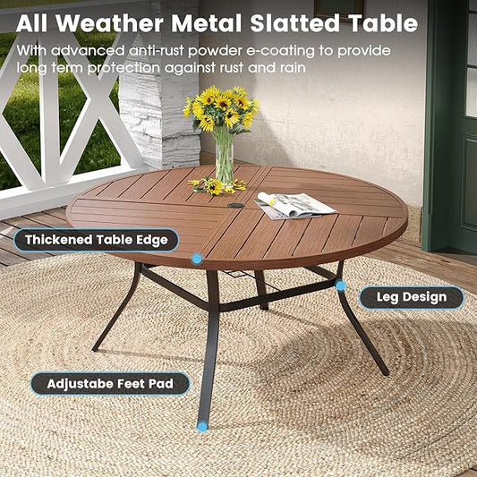 DIFY 7 Pieces Outdoor Patio Dining Set, 6 Brown Textilene Swivel Dining Chairs and 53.1" Walnut Round Metal Dining Table, Outdoor Table and Chairs