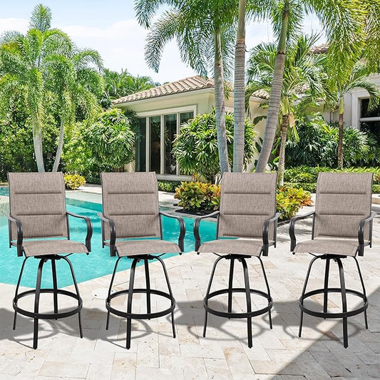 Vongrasig 4 Piece Outdoor Patio Swivel Bar Chairs, All Weather Padded Sling Textile High Top Bar Stools, Bistro Set for Backyard, Lawn Garden, Balcony, Gray
