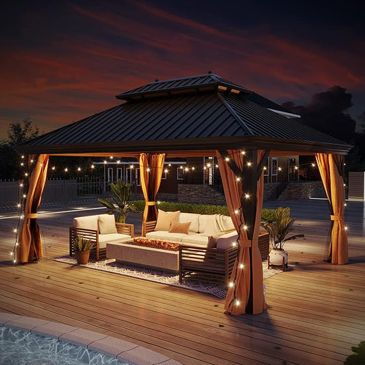 12'x16' Hardtop Gazebo, Outdoor Aluminum Patio Gazebo Double Roof Galvanized Steel Canopy with Netting and Curtains,for Garden, Patio, Backyard, Deck and Lawns.