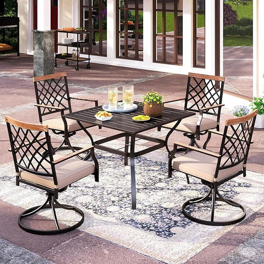 PHI VILLA 5-Piece Outdoor Dining Set, 4 Steel Metal Swivel Patio Chairs & 1 Square Dining Table, Wood-Like Pattern Armrest