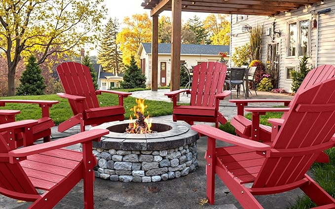 YEFU Adirondack Chairs Set of 8: Plastic Adirondack Chairs - Patio Chairs with Wood Texture - Outdoor Chair HIPS - Lawn Fire Pit Deck Porch Garden Chairs for Adults (Red)