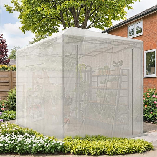 Devoko Walk-in Greenhouse, Portable Pop-in Green House with Zippered Door and 2 Roll-up Windows and PE Cover, Portable and Easy Assemble (White, 8x6 Feet)