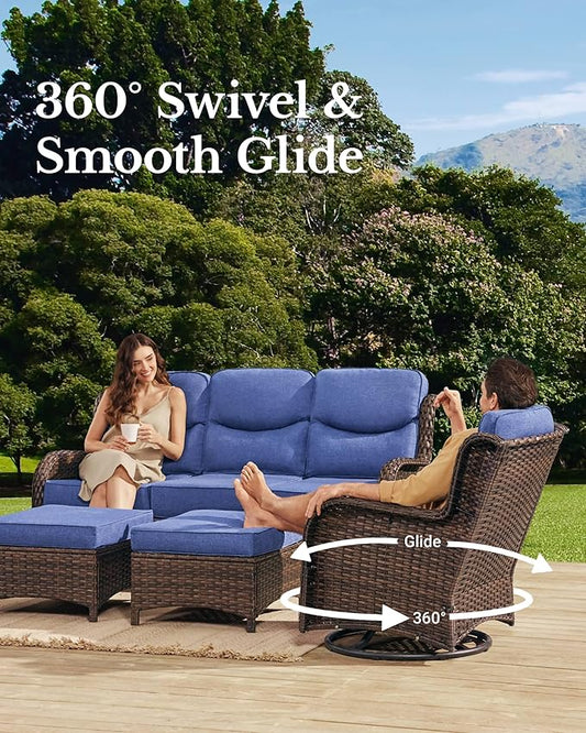 HILLGA Luxury Patio Furniture Set with 6-inch Thick Cushion, Outdoor Couch and High Back Swivel Rocker Patio Chairs, 8PCS Wicker Conversation Set for Deck Yard and Poolside, Blue (V2)