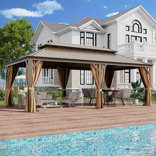 12' X 22' Hardtop Gazebo, Outdoor Galvanized Steel Double Roof Permanent Aluminum Frame Pavilion Pergola Canopy with Privacy Curtains for Garden, Patio, Backyard, Deck and Lawns.