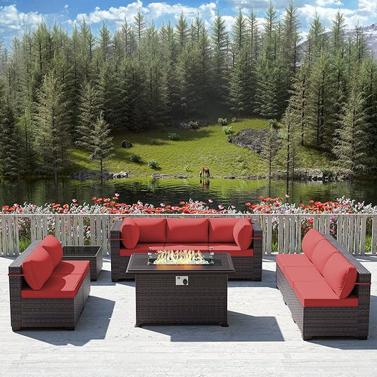 Outdoor Patio Furniture Sets with Propane Fire Pit Table, 10 Pieces Outdoor Furniture Patio Sectional Sofa Conversation Sets w/ETL Approved 43" Gas Outdoor Fire Table & Coffee Table (Red)