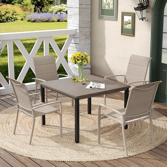 DIFY 40.2" Square Patio Dining Table for 4, Outdoor Metal Dining Table with 1.57" Umbrella Hole for Backyard Lawn Garden, Grey Wood-Like