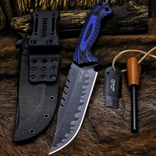 BA-KOR 12.4in Full Tang Fixed Blade Hunting Knife – 6mm 9CR18MoV Steel, G10 Handle, Stonewashed Sawback Blade with Kydex Sheath & Fire Starter for Outdoor, Camping, Survival (Blue and black stripes)
