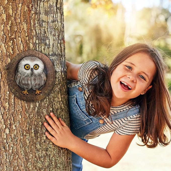 Baby Owl Resin Tree Faces, Whimsical Halloween Decorations Outdoor Owl Hugger Sculpture, Garden Ornament for Yard Lawn Patio Porch, Tree Decor Unique Garden Gift, Durable Waterproof Resin Statue