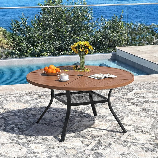 DIFY 47.2" Round Outdoor Patio Dining Table for 6, All-Weather Metal Steel Slatted Patio Table with 1.57" Adjustable Umbrella Hole, for Lawn Garden Porch Backyard, Walnut