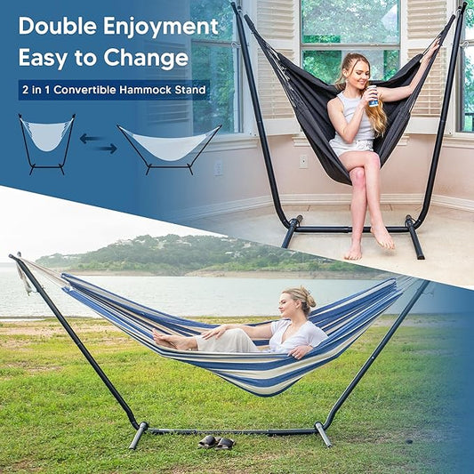 SUNCREAT 2-in-1 Convertible Free Standing Hammock with Stand Included, Camping Backyard Hammock with Stand, Patent Pending, Blue & White Stripe