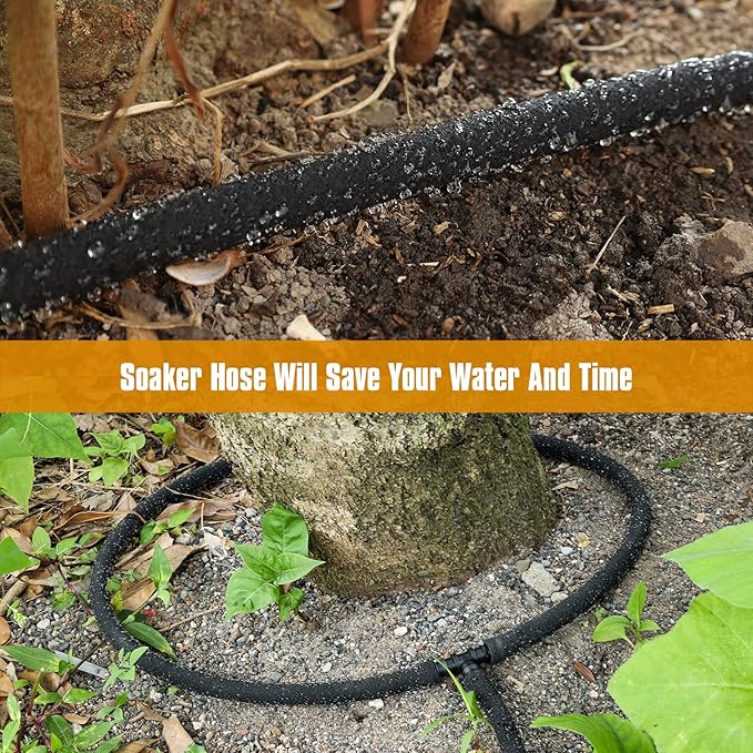 Soaker Hose 150ft for Garden Beds Solid Brass Interface Irrigation Save 70% Water Heavy Duty Rubber 1/2" Diameter Great for gardens/flower beds Accessories Contain Various Connections