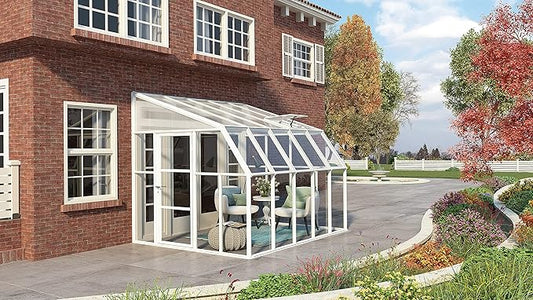 Palram Canopia Rion Sun Room 8 Ft. x 12 Ft. Solarium, Lean-To Greenhouse DIY Kit, Attach to House, Large Twin Wall Polycarbonate, 100% UV Protection For Porch, Patio Outdoors with Window Vent (White)
